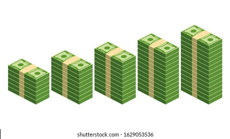 Five stacks of paper money in ascending order on white background. Packing in bundles of bank notes. Flat vector illustration. Success in business and commerce. Investment, growth of revenue.