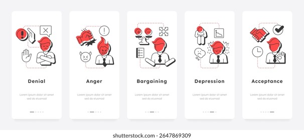 Cinco etapas de duelo App móvil onboarding pantallas. Gestión de cambios. Estrategia de manejo del dolor. Psicología. Diseño de interfaz de usuario plana, resaltado rojo con iconos de contorno conceptual