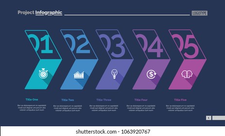 Five stages process chart slide template. Business data. Workflow, corporate, design. Creative concept for infographic, presentation, report.