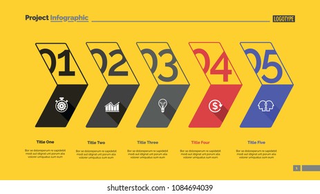 Five stages process chart slide template. Business data. Workflow, corporate, design. Creative concept for infographic, presentation, report.