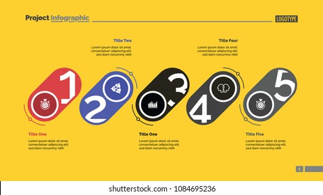 Five stages process chart slide template. Business data. Strategy, corporate, design. Creative concept for infographic, presentation, report. For topics like management, marketing, recruitment.