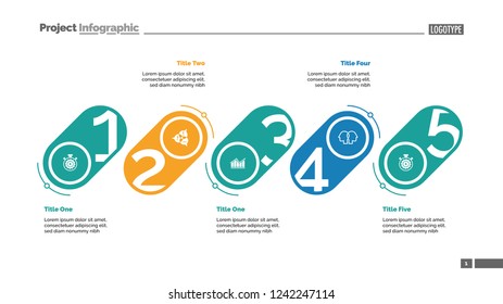 Five stages process chart slide template. Business data. Strategy, corporate, design. Creative concept for infographic, presentation, report. For topics like management, marketing, recruitment.
