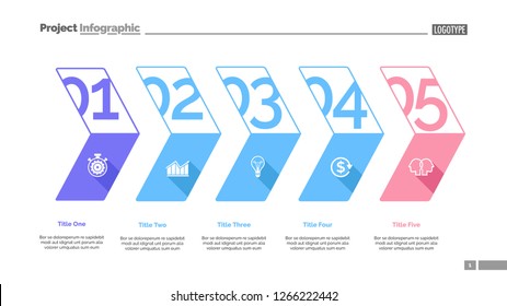 Five stages process chart slide template. Business data. Workflow, corporate, design. Concept for infographic, presentation, report. Can be used for topics like management, economics, training.