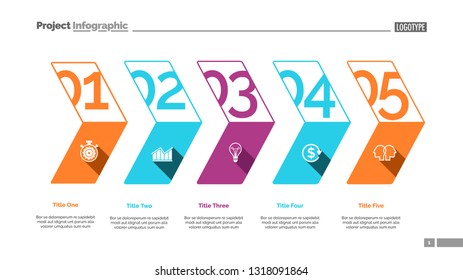 Five stages process chart slide template. Business data. Workflow, corporate, design. Concept for infographic, presentation, report. Can be used for topics like management, economics, training.