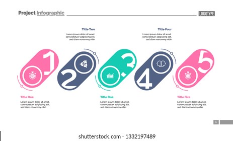 Five stages process chart slide template. Business data. Strategy, corporate, design. Creative concept for infographic, presentation, report. For topics like management, marketing, recruitment.