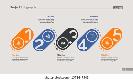 Five stages process chart slide template. Business data. Strategy, corporate, design. Creative concept for infographic, presentation, report. For topics like management, marketing, recruitment.