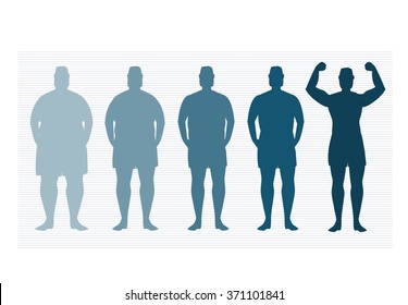 Five Stages Of Silhouette Man On The Way To Lose Weight,Vector Illustrations