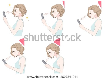 Five stages of smartphone posture from neutral to text neck shown in side view for awareness