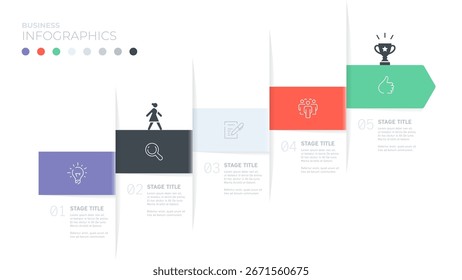 Cinco etapas o pasos. Una Plantilla infográfica con bloques de texto e íconos