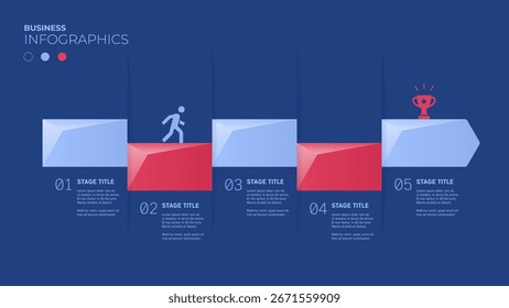 Cinco etapas ou passos. Modelo de infográfico moderno com blocos de texto e ícone do homem em execução	