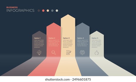 Five stages. Vector infographics template. Dark background