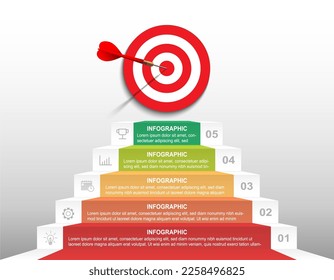 Five stair step up to target dartboard. Infographic template. Timeline or option with number. Business presentation, target goal report, planing, information option, diagram layout