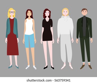 Five standing women set with different hairstyle wearing casual and sport clothes isolated vector illustration