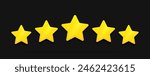 Five star in 3d style with glowing effect on dark background. Customer reviews rating about the product. Concept of feedback from the client to seller. Vector illustration.