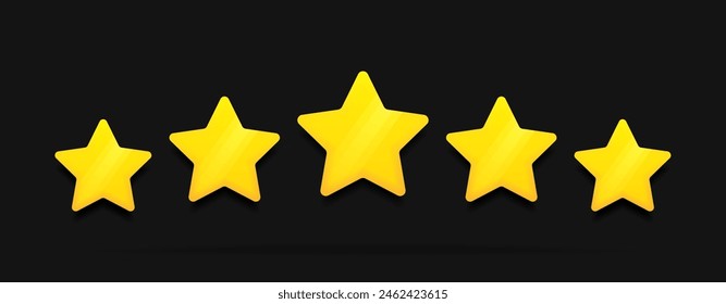 Five star in 3d style with glowing effect on dark background. Customer reviews rating about the product. Concept of feedback from the client to seller. Vector illustration.