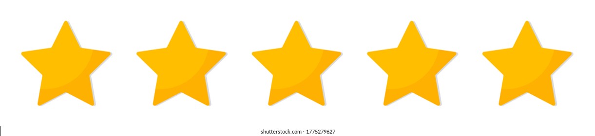 Five star. 5 gold stars for review and rating. yellow icon on white background. Service for evaluation of quality. feedback of customer. Rank of hotel, restaurant. Symbol of satisfaction. Vector.