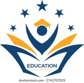 Five Star Academic Success Logo with Graduate Figure and Open Book Symbol, Elite Education Branding Featuring Mortarboard Cap Student and Achievement Stars Vector Illustration