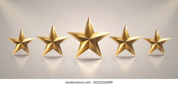 five star award, gold stars on white background. Vector illustration