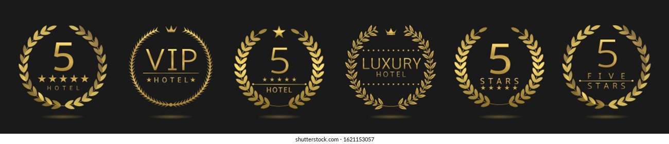 Five Star Badge Set. Golden Laurel Wreath Set, Best Hotel Symbol. 5 Stars