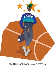 Five star basketball coach standing in basket court. Vector illustration isolated on white background