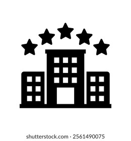 Five star building glyph icon. Architecture, property, reward, luxury, good quality concepts. Flat vector design isolated illustration.