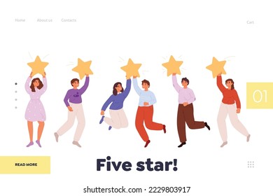 Five star concept of landing page with team with huge rate stars, consumer and user review. Smiling people holding golden stars as rating result, clients feedback, good experience. Vector illustration