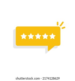 Five star costumer rating isolated on chat bubble icon design vector. Quality feedback satisfaction symbol illustration.