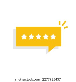 Five star costumer rating isolated on chat bubble icon design vector. Quality feedback satisfaction symbol.	