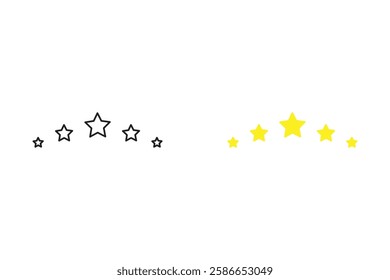 Five star customer product review icon set. Five star rating. Yellow 5 star flat icon for apps and websites. Quality, customer ratings, feedback.