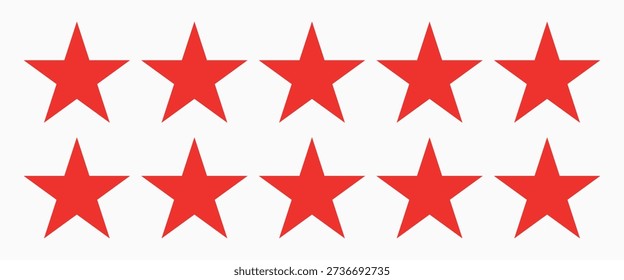 Icono de revisión de producto de cinco estrellas Cliente. Comentarios de calificación de 5 estrellas rojo para Sitio web, App, diseño de interfaz de usuario.