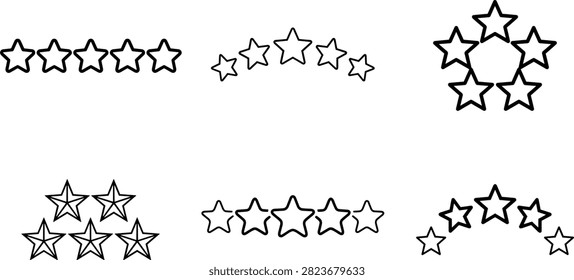 Conjunto de iconos de Vector de excelencia y calificación Cliente de cinco estrellas con diseños de estrellas de revisión minimalista e insignias pentagonales circulares