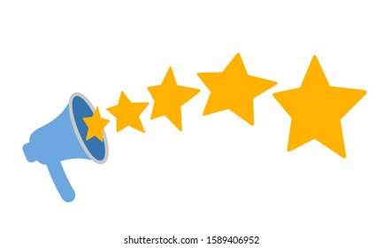 A five star customer rating product jump out of a megaphone. 5 gold stars rating. flat icon for apps and websites on white background