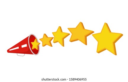 A five star customer rating product jump out of a megaphone. 5 gold stars rating. flat icon for apps and websites on white background