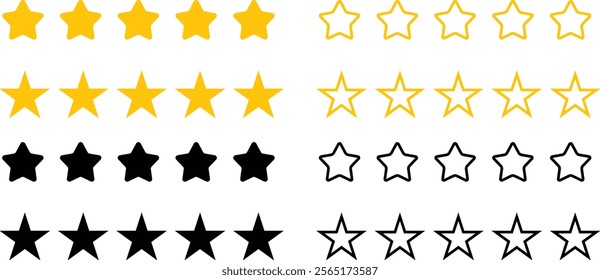 Five star customer review icon set for apps and websites with yellow stars for quality, feedback, and ratings. Vector illustration.