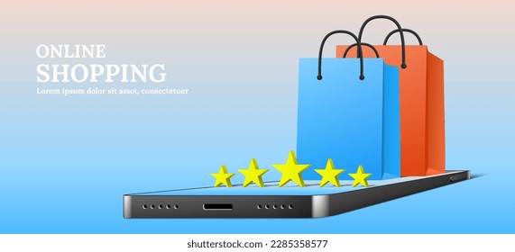 Revisión telefónica de cinco estrellas con bolsas de compras. Concepto de compra en línea 3d vector.