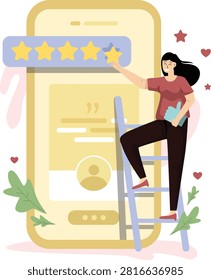 Five star customer review rating concept featuring positive customer feedback, excellent product ratings, satisfied customers, online reviews, and quality service. Modern flat vector illustration for eCommerce, business websites, mobile apps, CRM, and digital marketing.