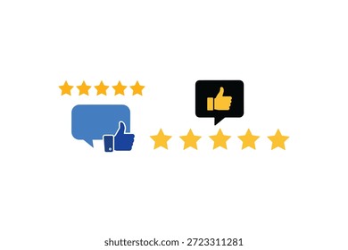 Cinco estrelas na análise de clientes e miniaturas de ícones de feedback