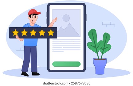 Five star customer service review, five star positive feedback, Modern flat illustration design for landing page website.e