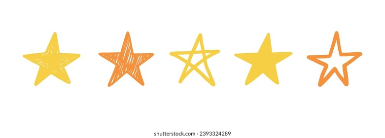 Five star doodle. Hand drawn quality, review yellow five star illustration. Award, quality, feedback concept elements. Sketch grunge style. Isolated vector illustration.