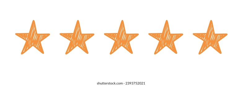 Five star doodle. Hand drawn quality, review yellow five star illustration. Award, quality, feedback concept elements. Sketch grunge style. Isolated vector illustration.