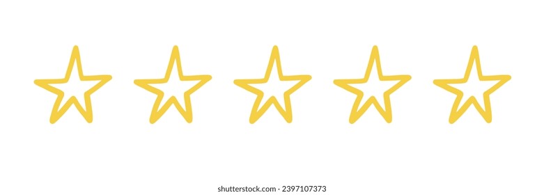 Five star doodle. Hand drawn quality, review yellow five star illustration. Award, quality, feedback concept elements. Sketch grunge style. Isolated vector illustration.