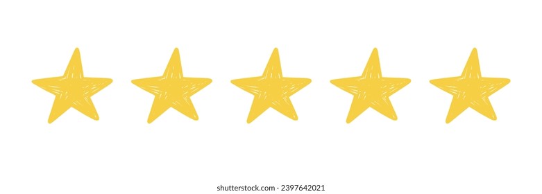 Five star doodle. Hand drawn quality, review yellow five star illustration. Award, quality, feedback concept elements. Sketch grunge style. Isolated vector illustration.