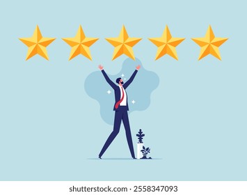 Five star employee, success leader or confidence, high performance staff or achievement, evaluation or award winning, quality concept, confidence, businessman with excellent golden star