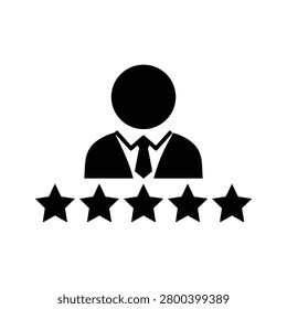 Five star expert icon with business person and rating row, black and white vector symbol for top professional service review