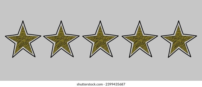 Five star feedback doodle. Quality rating or customer review. Sketch grunge style. Isolated vector illustration.