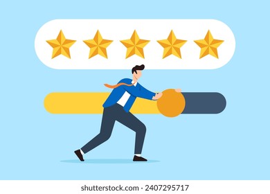 Five star feedback review from satisfied customer or client with slider bar in flat design