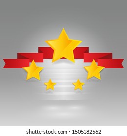 Five star golden rating, feedback creative vector illustration with red ribbon winning, for web and print decoration stars on silver background