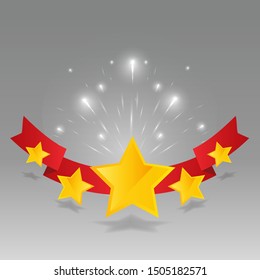 Five star golden rating, feedback creative vector illustration with red ribbon winning, for web and print decoration stars on silver background