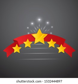 Five star golden rating, feedback creative vector illustration with red ribbon winning, for web and print decoration stars on silver background