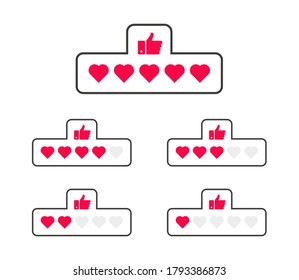 Five star heart rating, great design for any purposes. Vector clipart. Customer review rating. Heart concept. Flat style. Vector illustration.